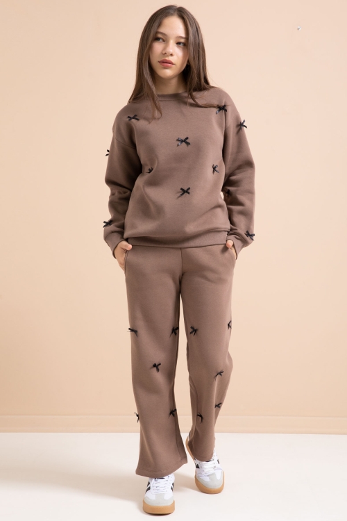 Kahve Fiyonk Nakışlı Bisiklet Yaka Kız Çocuk Şardonlu Eşofman Takımı 21290