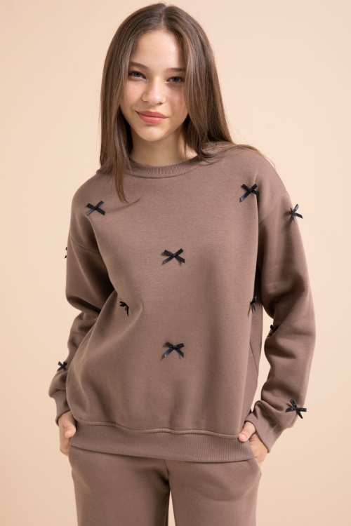 Kahve Fiyonk Nakışlı Bisiklet Yaka Kız Çocuk Şardonlu Eşofman Takımı 21290