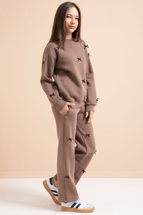 Kahve Fiyonk Nakışlı Bisiklet Yaka Kız Çocuk Şardonlu Eşofman Takımı 21290