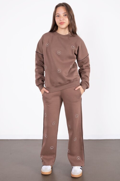 Kahve Payet İşlemeli Şardonlu Kız Çocuk 2li Eşofman Takımı 21424