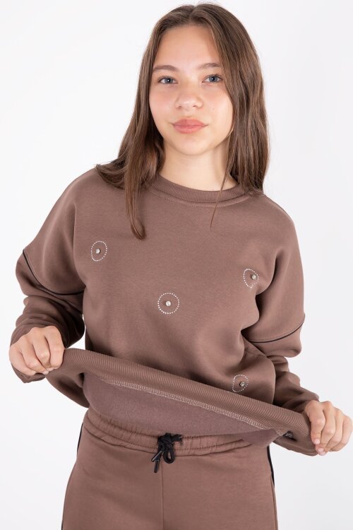 Kahve Payet İşlemeli Şardonlu Kız Çocuk 2li Eşofman Takımı 21424