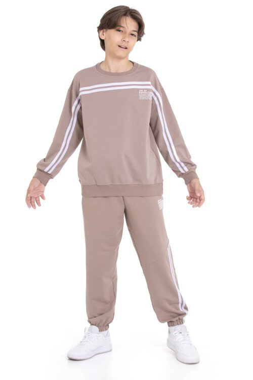 Kahve Şerit Detaylı Bisiklet Yaka Erkek Çocuk Basic Eşofman Takımı 21261