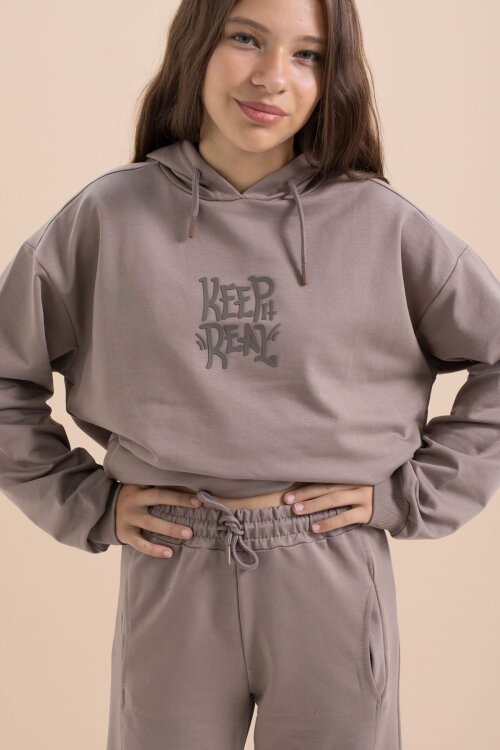 Kahve Yazı Baskılı Kapüşonlu Geniş Paça Kız Çocuk Eşofman Takımı 21430