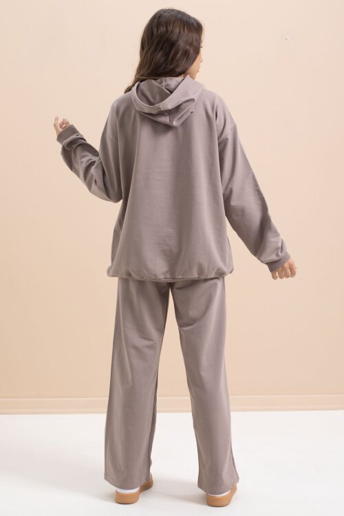 Kahve Yazı Baskılı Kapüşonlu Geniş Paça Kız Çocuk Eşofman Takımı 21430