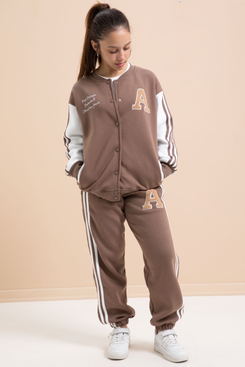 Kahve Yazılı Kolej Ceketli Kız Çocuk Şeritli 3 İplik Şardonlu Eşofman Takımı 21295