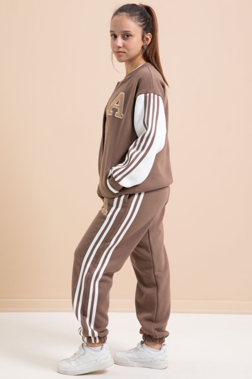 Kahve Yazılı Kolej Ceketli Kız Çocuk Şeritli 3 İplik Şardonlu Eşofman Takımı 21295