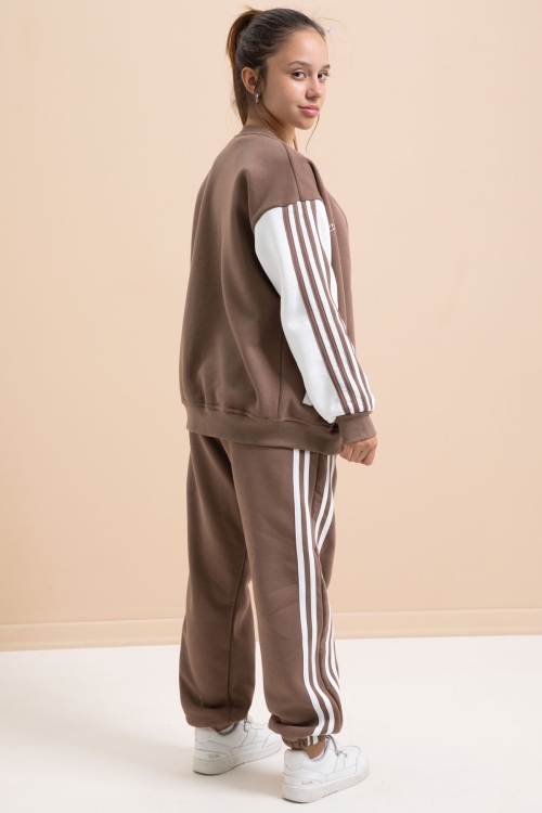 Kahve Yazılı Kolej Ceketli Kız Çocuk Şeritli 3 İplik Şardonlu Eşofman Takımı 21295