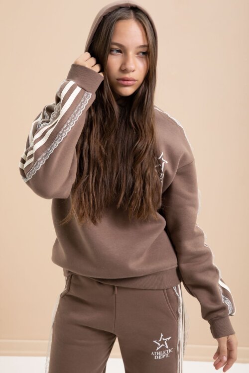 Kahverengi 3 İplik Şardonlu Şeritli Dantel  Detaylı Kız Çocuk Kapüşonlu Eşofman Takımı  22721