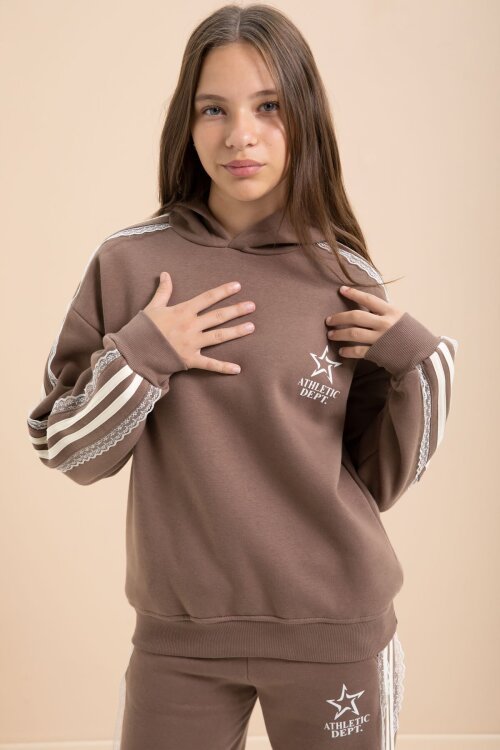 Kahverengi 3 İplik Şardonlu Şeritli Dantel  Detaylı Kız Çocuk Kapüşonlu Eşofman Takımı  22721