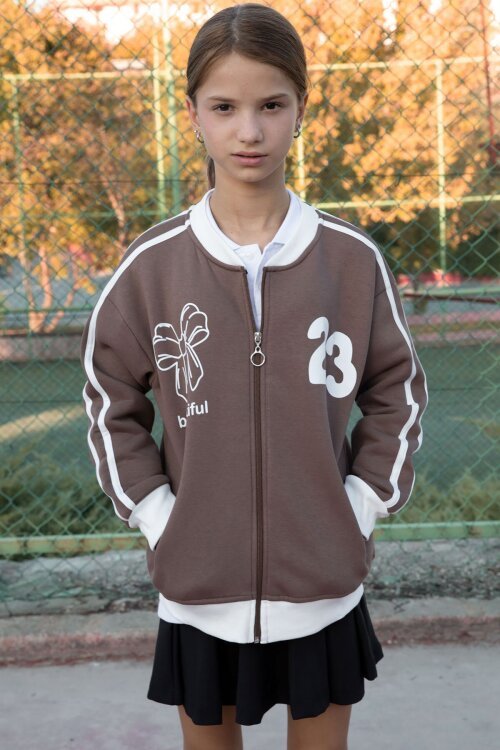 Kahverengi Beautifull Yazılı Kolu Şeritli Kız Çocuk Kolej Hırka 21193