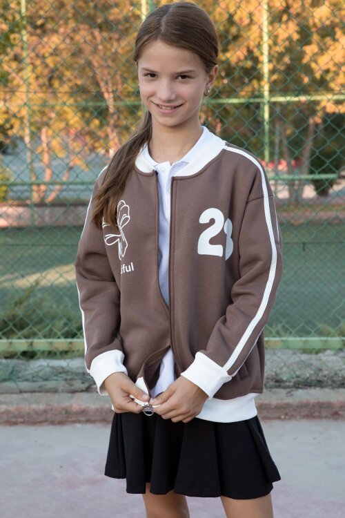 Kahverengi Beautifull Yazılı Kolu Şeritli Kız Çocuk Kolej Hırka 21193