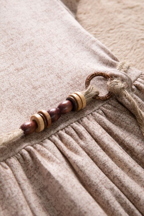 Kahverengi Çiçek Desenli Hasır Kuşaklı Kısa Kol Kız Çocuk Elbise 22650