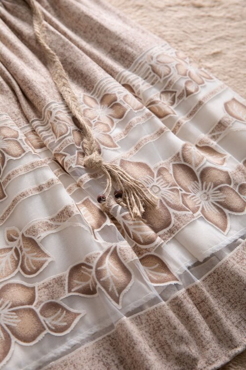 Kahverengi Çiçek Desenli Hasır Kuşaklı Kısa Kol Kız Çocuk Elbise 22650