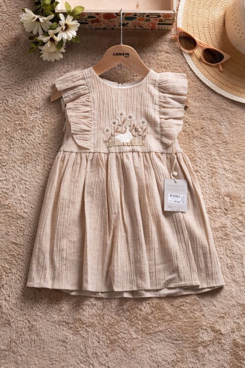 Kahverengi Çiçek Nakışlı Fırfırlı Kız Bebek Kısa Kol Elbise  22673