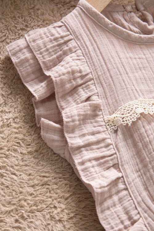 Kahverengi Dantel Detaylı Bluzlu Jean Şortlu Kız Çocuk 2li Takım 22662