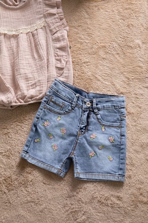 Kahverengi Dantel Detaylı Bluzlu Jean Şortlu Kız Çocuk 2li Takım 22662