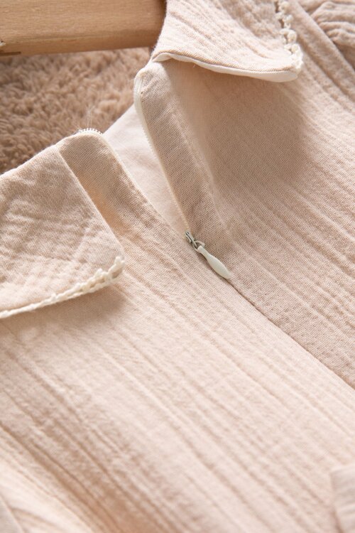 Kahverengi Dantel İşlemeli Kuşaklı Kız Çocuk Müslin Elbise  22660