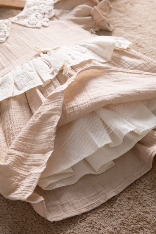 Kahverengi  Dantel Yakalı Kız Bebek Kısa Kol Elbise 22667