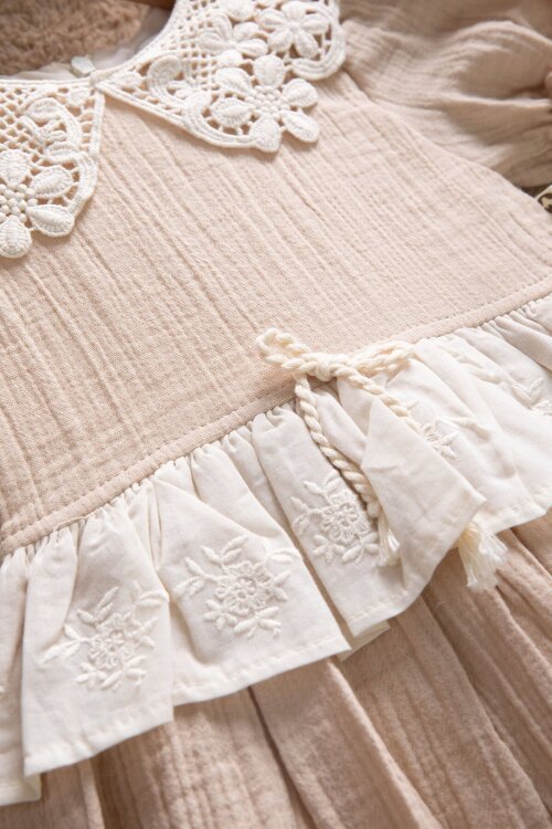 Kahverengi  Dantel Yakalı Kız Bebek Kısa Kol Elbise 22667