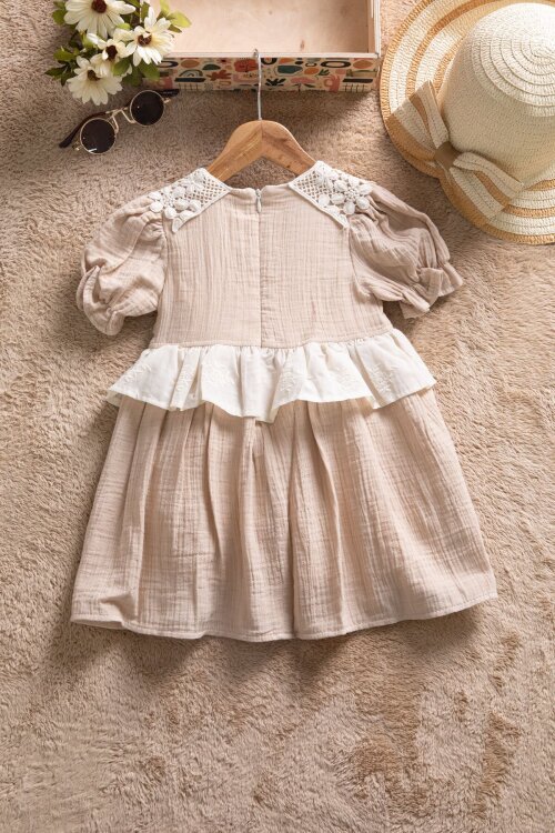 Kahverengi  Dantel Yakalı Kız Bebek Kısa Kol Elbise 22667