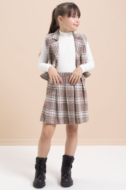 Kahverengi Ekose Desenli Düğme Detaylı Ceketli Kız Çocuk 2li Takım 21541