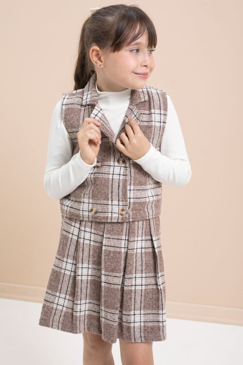 Kahverengi Ekose Desenli Düğme Detaylı Ceketli Kız Çocuk 2li Takım 21541
