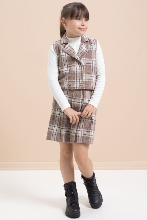 Kahverengi Ekose Desenli Düğme Detaylı Ceketli Kız Çocuk 2li Takım 21541