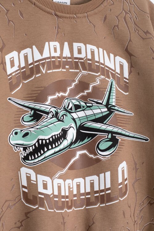 Kahverengi Erkek Çocuk Yazılı Karakter Baskılı Şardonlu Eşofman Takımı 23289