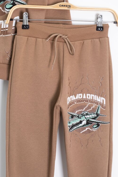 Kahverengi Erkek Çocuk Yazılı Karakter Baskılı Şardonlu Eşofman Takımı 23289