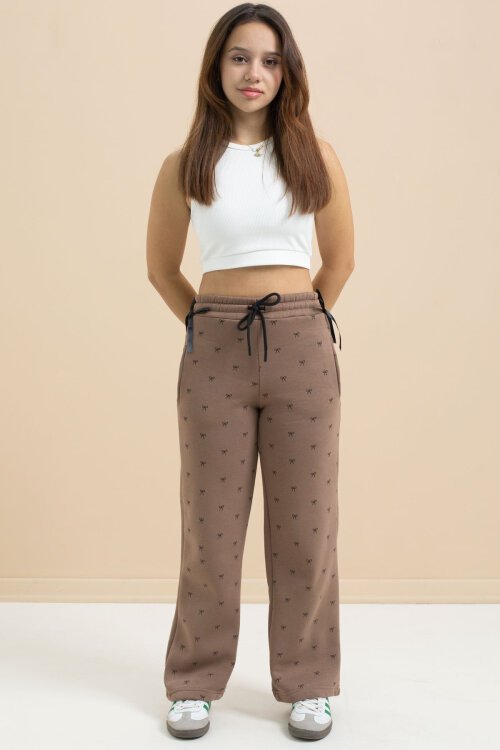 Kahverengi Fiyonk Baskılı Geniş Paça Kız Çocuk Şardonlu Eşofman Altı 21434