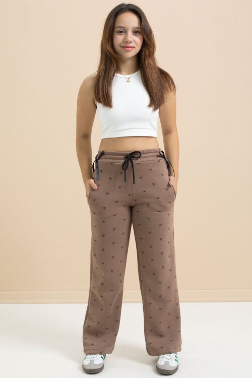 Kahverengi Fiyonk Baskılı Geniş Paça Kız Çocuk Şardonlu Eşofman Altı 21434