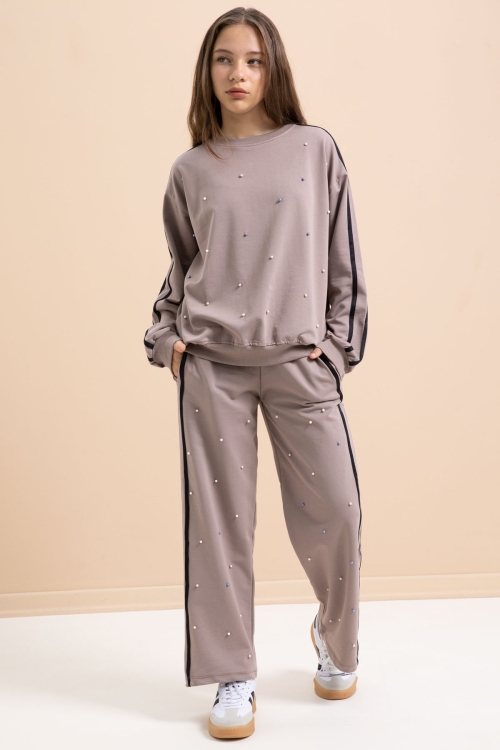 Kahverengi İnci İşlemeli Bisiklet Yaka Kız Çocuk Şeritli Eşofman Takımı 21294