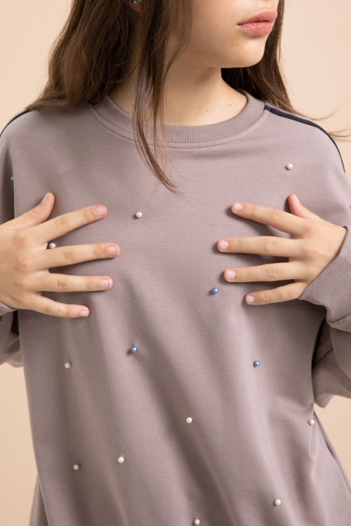 Kahverengi İnci İşlemeli Bisiklet Yaka Kız Çocuk Şeritli Eşofman Takımı 21294