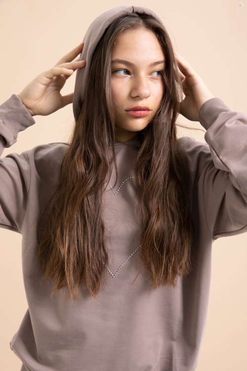 Kahverengi Kalp Desenli Kapüşonlu Kız Çocuk Eşofman Takımı 21255