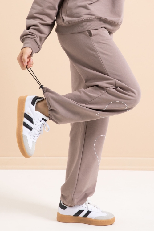 Kahverengi Kalp Desenli Kapüşonlu Kız Çocuk Eşofman Takımı 21255