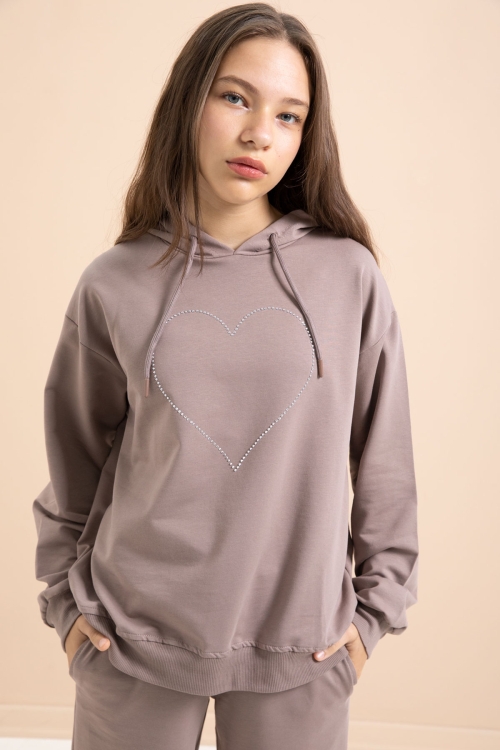 Kahverengi Kalp Desenli Kapüşonlu Kız Çocuk Eşofman Takımı 21255