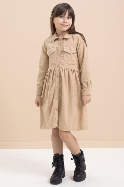 Kahverengi Kız Çocuk Cep Detaylı Kadife Desenli Elbise 21548