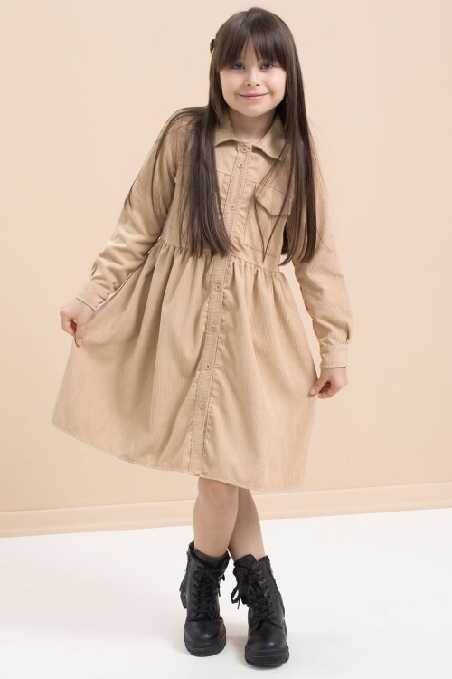 Kahverengi Kız Çocuk Cep Detaylı Kadife Desenli Elbise 21548