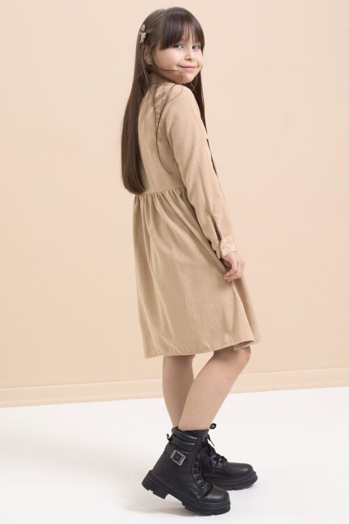 Kahverengi Kız Çocuk Cep Detaylı Kadife Desenli Elbise 21548