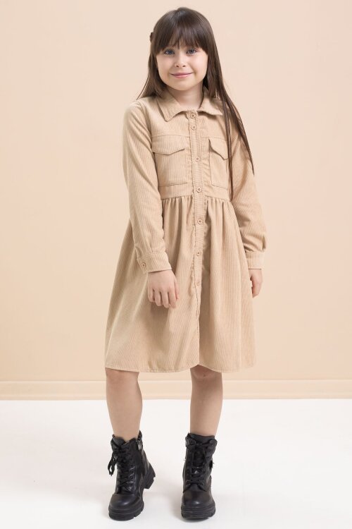 Kahverengi Kız Çocuk Cep Detaylı Kadife Desenli Elbise 21548