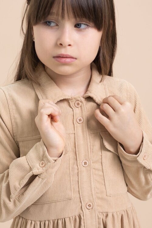 Kahverengi Kız Çocuk Cep Detaylı Kadife Desenli Elbise 21548