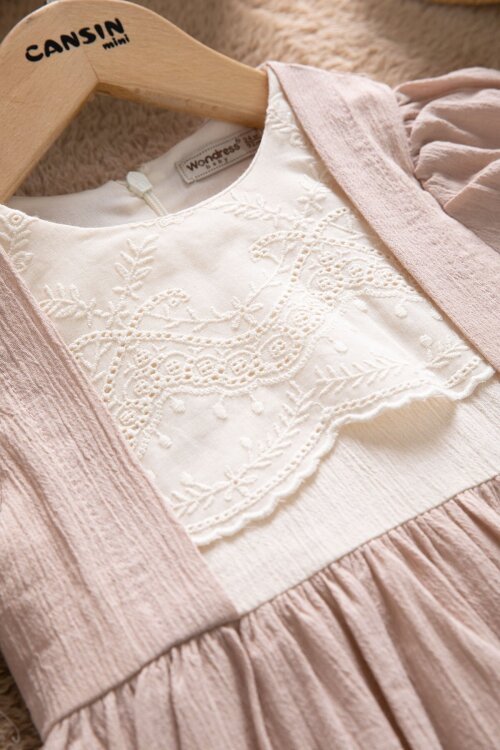 Kahverengi Kız Çocuk Dantel Detaylı Kolu Fırfırlı Elbise  22683