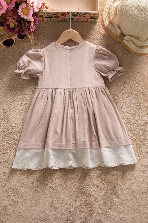 Kahverengi Kız Çocuk Dantel Detaylı Kolu Fırfırlı Elbise  22683