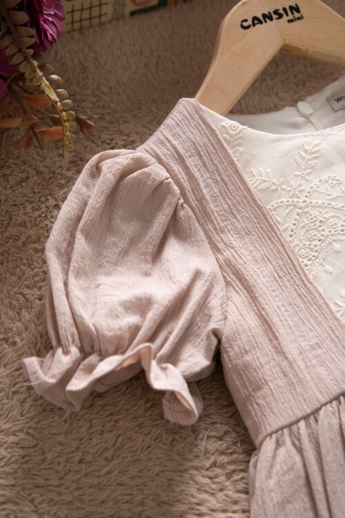 Kahverengi Kız Çocuk Dantel Detaylı Kolu Fırfırlı Elbise  22683