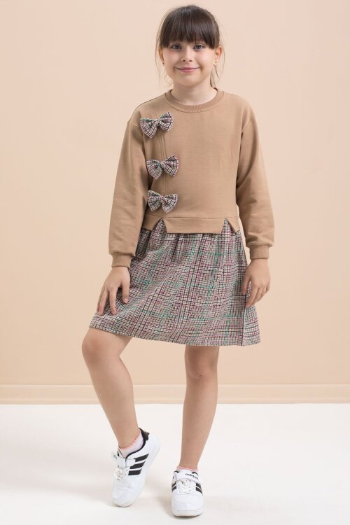 Kahverengi Kız Çocuk Fiyonk Detaylı Ekose Etekli Elbise 21534