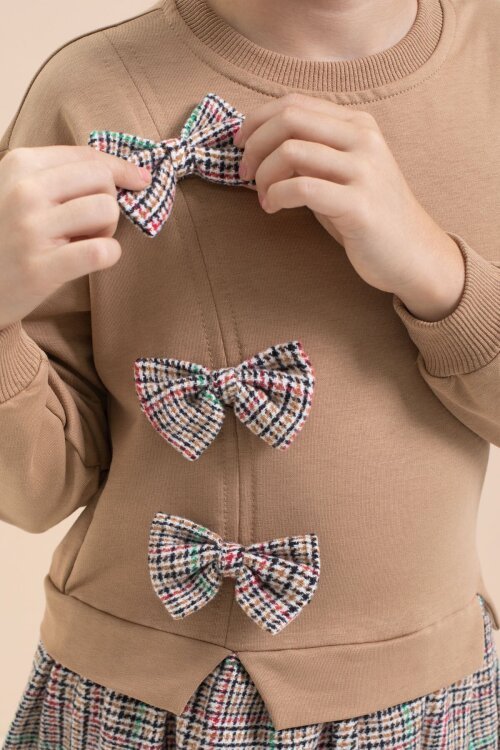 Kahverengi Kız Çocuk Fiyonk Detaylı Ekose Etekli Elbise 21534