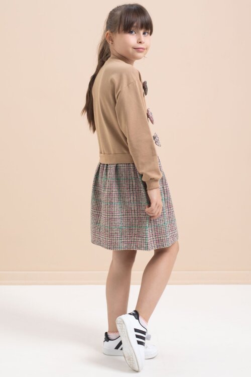 Kahverengi Kız Çocuk Fiyonk Detaylı Ekose Etekli Elbise 21534