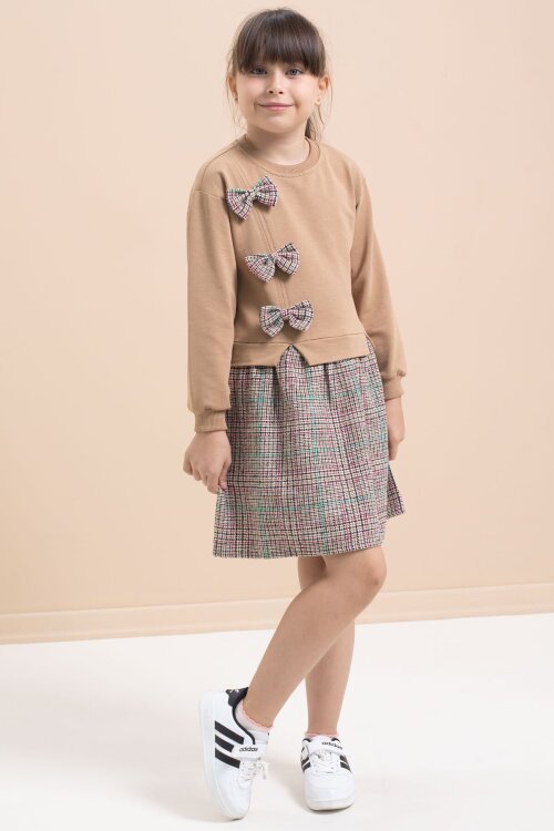 Kahverengi Kız Çocuk Fiyonk Detaylı Ekose Etekli Elbise 21534