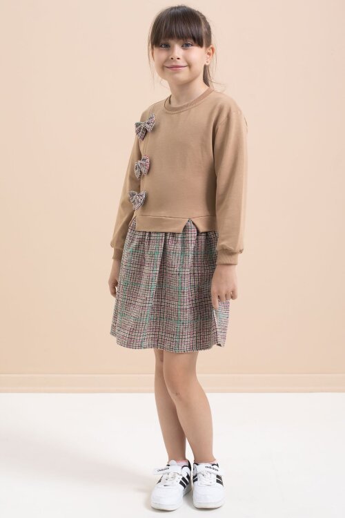 Kahverengi Kız Çocuk Fiyonk Detaylı Ekose Etekli Elbise 21534