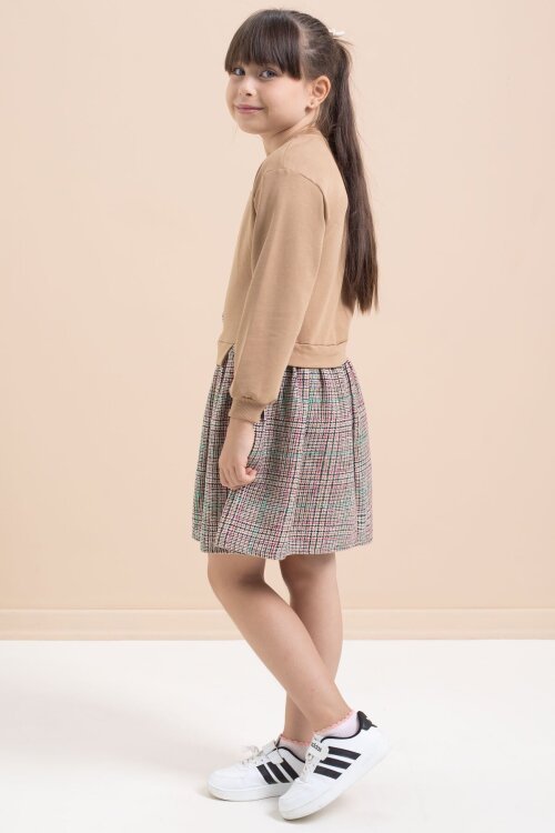 Kahverengi Kız Çocuk Fiyonk Detaylı Ekose Etekli Elbise 21534